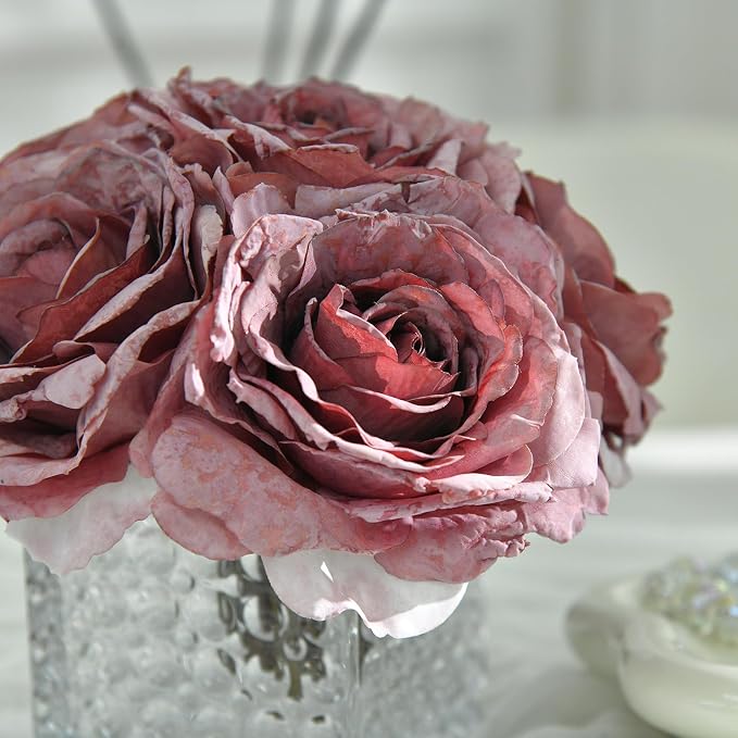 Artificial Rose in Glass Vase Vintage Silk Flower Arrangement with LED Light for Table Centerpiece Home Wedding Decoration (Plum Purple)