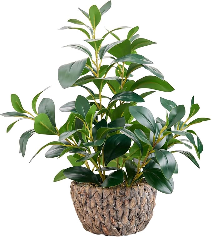 AlphaAcc 18.8 Inch Artificial Ficus Plant Indoor Faux Greenery Potted in Rattan Woven Basket Planter with Decorative Pebbles Realistic Fake Plant for Home Living Room Office Table Desk Shelf Decor