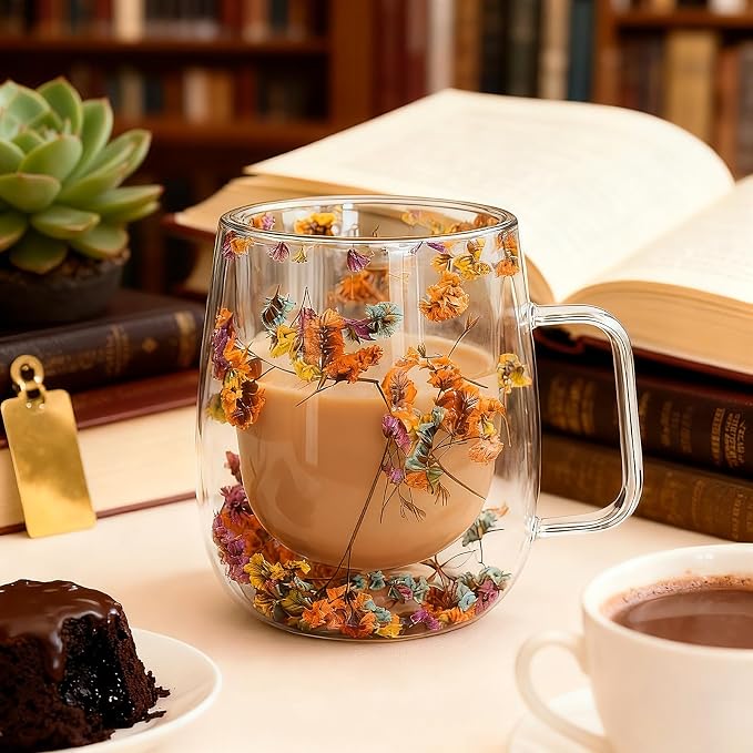 Double Wall Glass Coffee Mugs, Cute Clear Flower Cups with Handle, Unique Double Insulated Glass Cup for Cappuccino Tea Espresso Latte Hot Beverages, Birthday Gifts for Mother Women (12oz)
