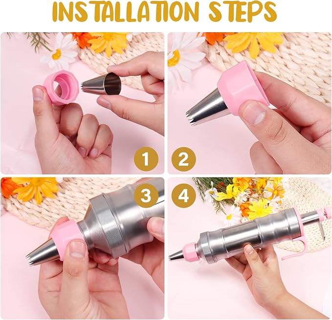 Pink Cake Decorating Kit - 6 Russian Piping Icing Nozzles, 3 Cream Scrapers, Stainless Steel Cupcake Frosting Filling Injector