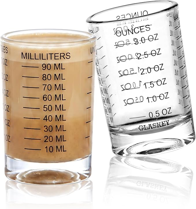 GLASKEY 2 Pack Shot Glass Measuring Cup Set,3 oz/90ML Liquid Heavy High Espresso Glass Cup,Dishwasher Safe,Measurement of Dry and Liquid Ingredients(Black)