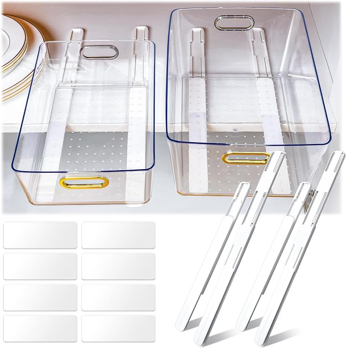 Reallnaive 2 Pcs Clear Pull out Cabinet Organizer with 4 Pcs Adhesive Sliders Rails, Pull out Drawer Organizer Accessories Plastic Slide Storage Drawer for Office Kitchen Bathroom Home School