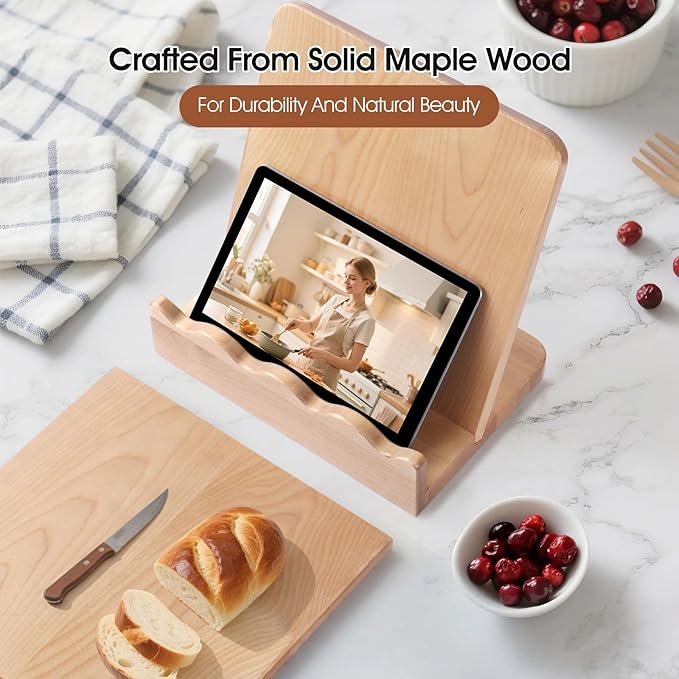 Scalloped Wooden Cookbook Stand with Removable Cutting Board – Adjustable Recipe Book Holder, Charcuterie Board & Kitchen Serving Tray – Kitchen Counte Decor/Maple Wood