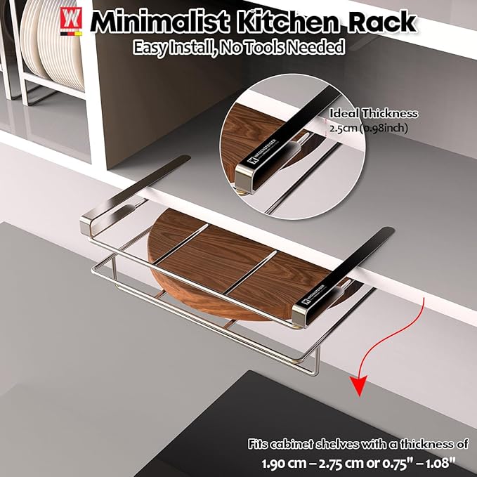 WAGENSTEIGER Stainless Steel Under/Over Cabinet Cutting Board and Kitchen Towel Rack – Space-Saving Rack for Countertop and Cabinet Door Storage, Chopping Board Holder (One-Layer)