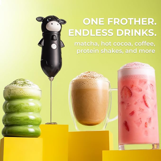 Zulay Kitchen Cow Milk Frother Wand – Cutesy Frother, Meet Your New Frothing Buddy Betsy The Cow, Adoption Papers and Stickers Included, Purrr-fect for Lattes, Cappuccino & Matcha – Black