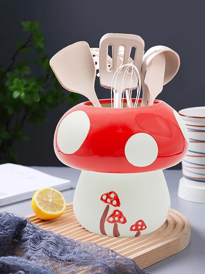 Mushroom Kitchen Utensil Holder for Countertop Mushroom Decor Ceramic Cooking Utensil Crock Large Spatula Holder Utensil Organizer Kitchen Decor