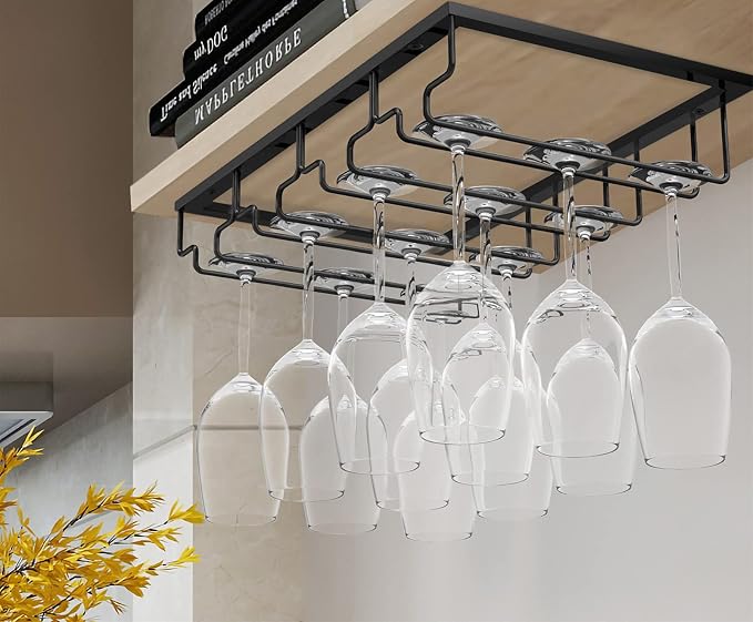 Nuovoware Wine Glass Rack, 4 Rows Wine Glass Holder Storage Hanger Metal Organizer Under Cabinet Stemware Rack for Bar Kitchen Cabinet, Black