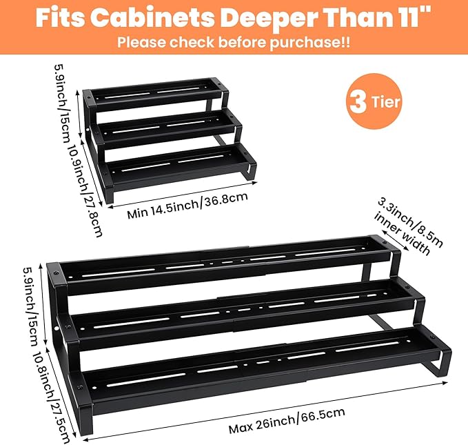 Spice Rack Organizer for Cabinet, Expandable 3 Tiered Spice Rack, Metal Spices Organizer, Display Shelf Organizers for Cabinet, Countertop, Pantry, Cupboard (Black)