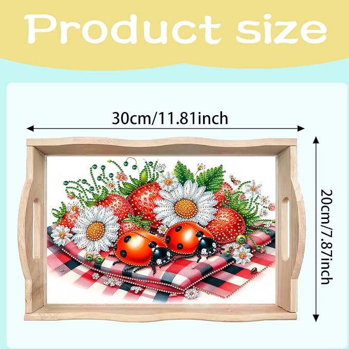 BAYUNOE DIY Diamond Serving Tray Christmas Rectangular Breakfast Tray with Handle Handmade Diamond Art Painting Wooden Tray for Dinner Plate Coffee Room Living Home Organizer-Strawberry