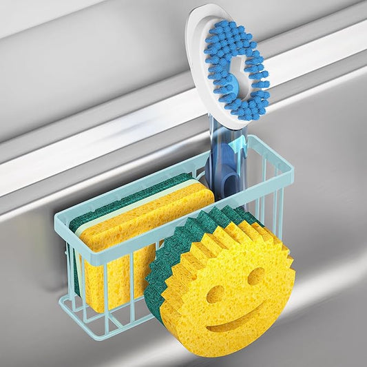 MURLONG Sponge Holder Smiley Face,Sink Caddy for Kitchen Sink,Sponge Holder with 2 PCS Suction Cups/1 PCS Adhesive Strips,Designed for Sponge,Soap,Dish Brush,Scrubber-Blue