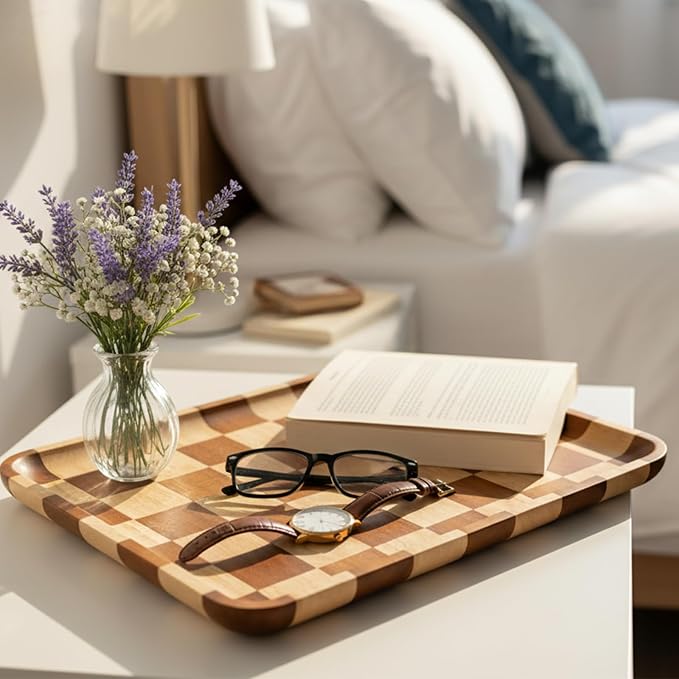 Rectangular Checkered Acacia Wood Serving Tray – Decorative Wooden Tray for Coffee Table, Snacks, and Food – Modern Wood Serving Tray for Kitchen, Dining, and Living Room Decor（13.7" x 9.8" x 0.6"）