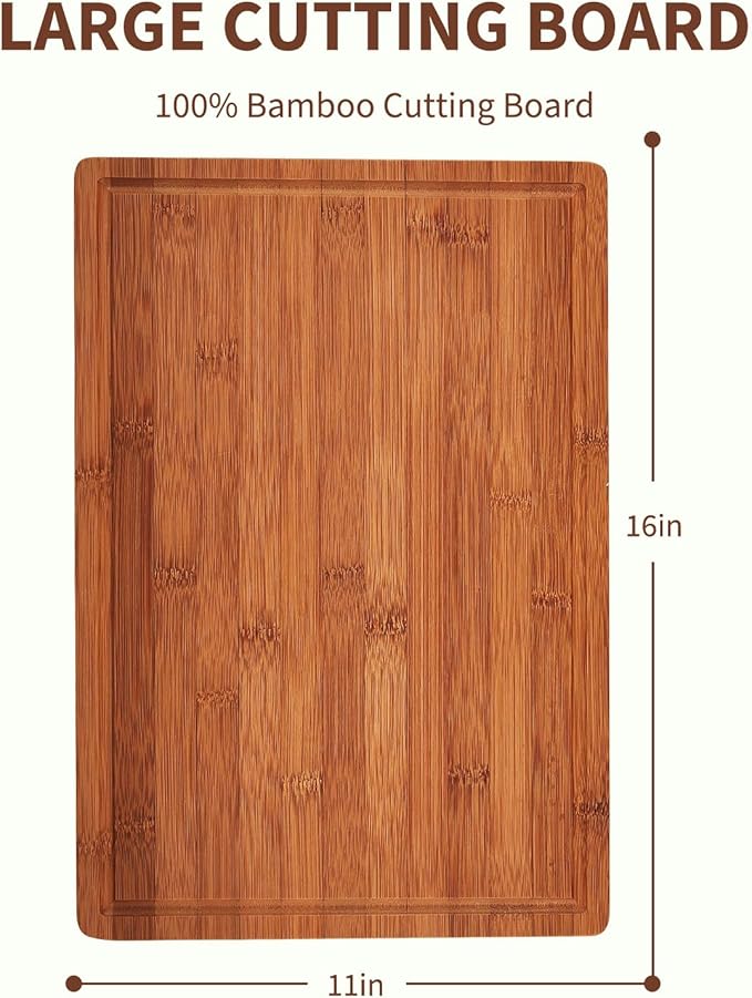 Bamboo Cutting Board for Kitchen, 16x11 in, 1-in Thick Wood Chopping Board with Deep Juice Groove for Meat Fruit Vegetable, Knives-Friendly & Easy to Clean, Natural