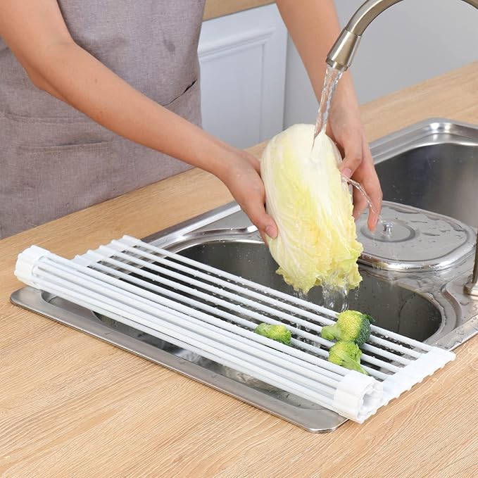 Dish Drainer, White Roll Up Dish Drying Rack, Over Sink Drying Rack with Silicone-Coated, Heat-Resistant Anti-Slip Dry Rack for Dishes Cups Fruits Vegetables - 17" x 13"