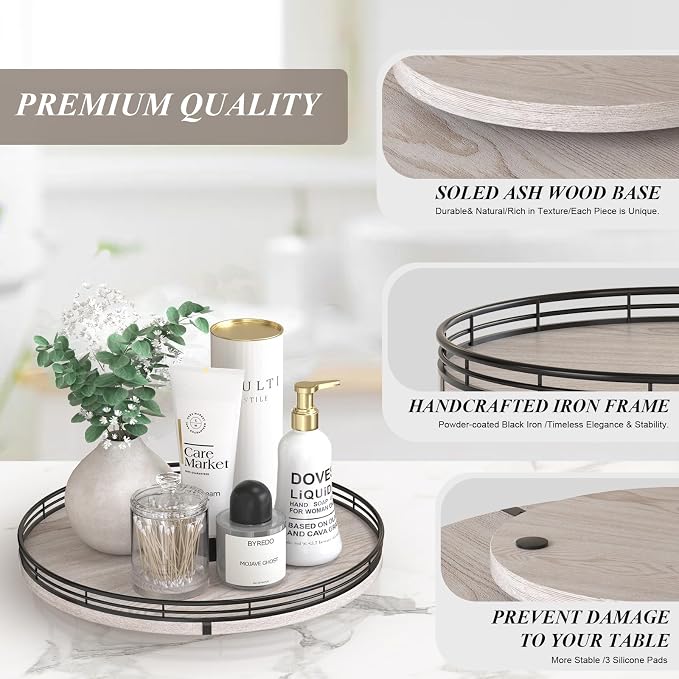 13" Oak Bathroom Vanity Tray Turntable for Perfume Candle, Round Wooden Decorative Tray for Kitchen Sink Countertop Organizer, Bathroom Counter Organizer for Skincare Makeup, Rustic Whitewashed