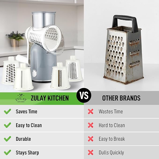 Zulay Kitchen Rotary Cheese Grater 5 Blade Cheese Shredder - Manual Hand Crank Cheese Grater With Reinforced Suction & 5 Interchangeable Drums - Easy to Use, Vegetable Chopper Round Mandoline Slicer