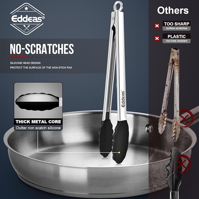 Kitchen Tongs with Silicone Tips, Heat Resistant 600 Degrees All Metal handle Locking Tongs For Cooking with Rubber Tips, Heavy Duty Stainless steel Food Tongs, Set of 3-7" 9" & 12" Black