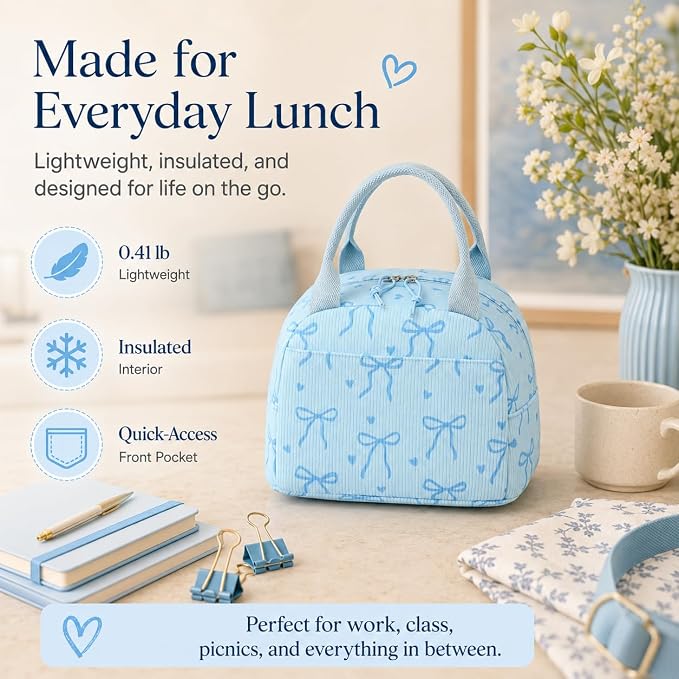 LEDAOU Lunch Box for Women Insulated Lunch Bag Corduroy Lunch Tote Bags Leakproof Cooler Lunch Case for Travel Work Picnic (Bow Tie Blue)