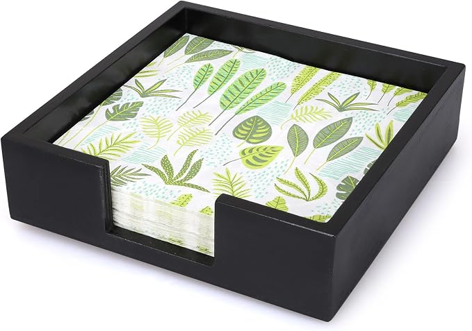 Renawe Black Wood Napkin Holder - Rustic Farmhouse Tropical Style - Perfect for Table, Kitchen, Bathroom & More - Non-Slip Base - Easy to Grab Napkins