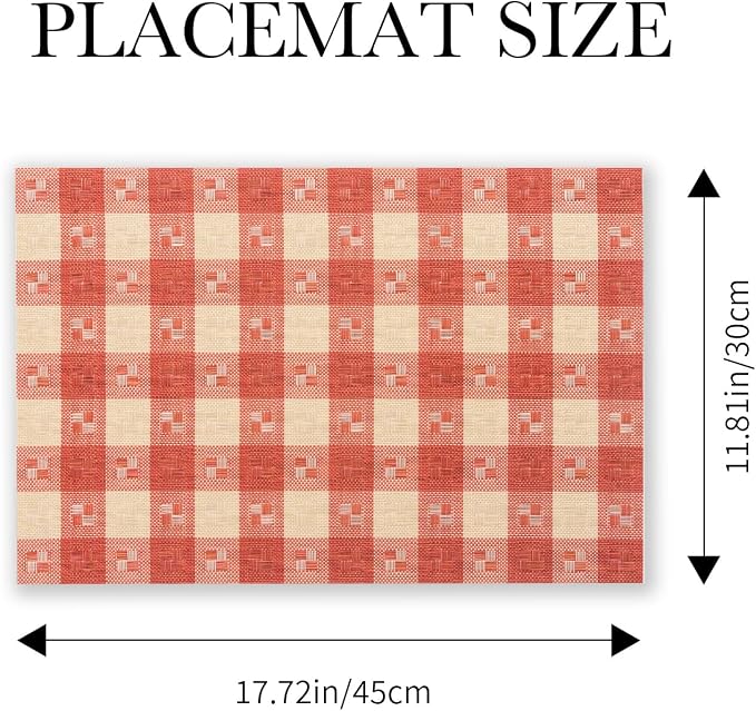 BACKTOEDEN Placemats Set of 6 Heat Resistant Washable Wipeable Placemat Woven Non-Slip Foldable Vinyl/Plastic Place Mats Indoor/Outdoor Mat Kitchen Dining Table Pad, Red Checkered