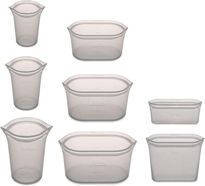 Zip Top Reusable Food Storage Containers Full Set of 8 Gray – Platinum Silicone Cups, Dishes & Bags – Microwave, Dishwasher & Freezer Safe – Made in USA, BPA-Free