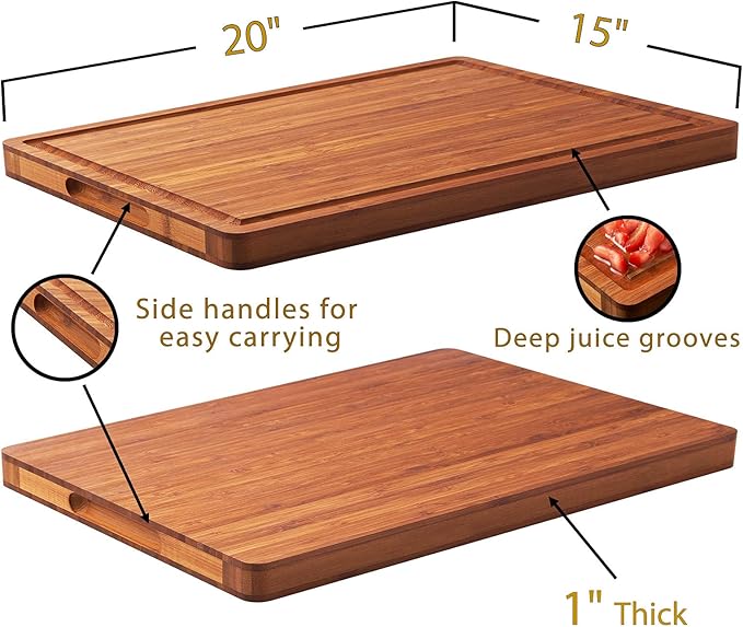 Allsum XL Cutting Board for Kitchen, 20x15" Extra Large, 1" Thick Bamboo Wood Butcher Chopping Block, Cheese Board, Durable Reversible with Juice Grooves and Handles