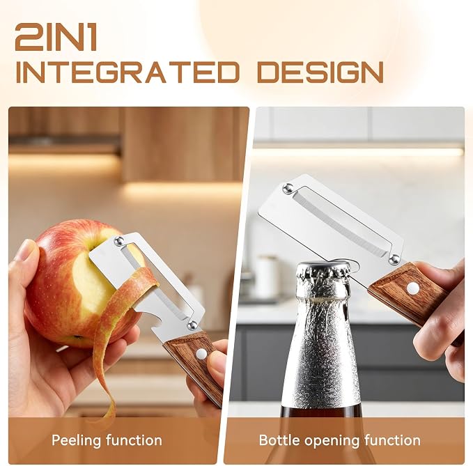 2-in-1 Premium Vegetable Peeler with Wooden Handle and Bottle Opener, Multifunctional Stainless Steel Kitchen Tool for Fruit Apple Potato Pumpkin Papaya