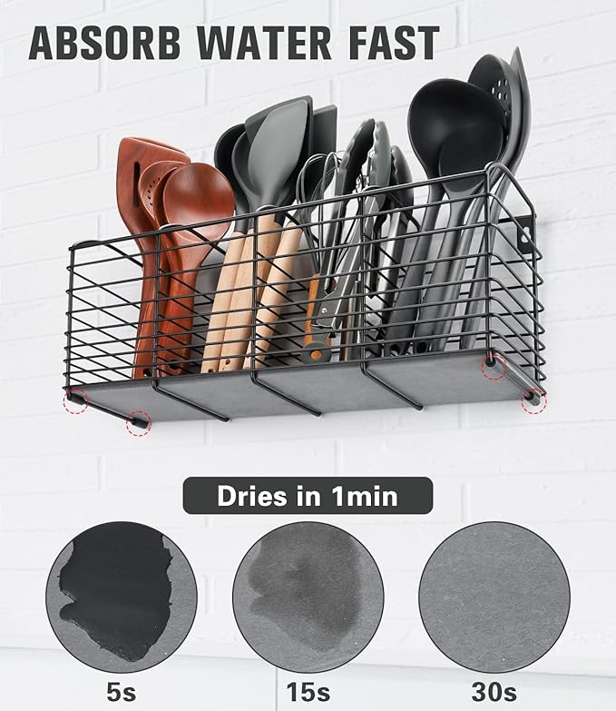 Extra-Large Kitchen Utensil Holder with Diatomaceous Earth Base, 4-Compartment Organizer for Cooking Tools, 15.7"x 6.7"x 4.4", Dries moisture quickly, Aesthetic Matte Black Design for Kitchen Counter