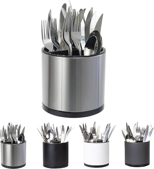 LIBODOUR Kitchen Utensil Holder Small 360°Rotating For Counter Organizer Stainless Steel Storage Silverware Caddy 3 Compartment Flatware Spoon Spatula Tool Cutlery Container