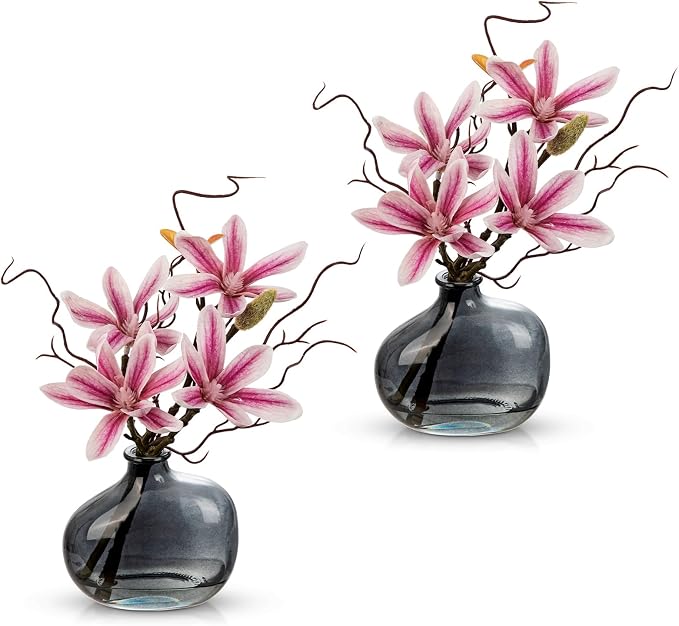 Briful 2PACK Artificial Magnolia Flowers with Grey Glass Vase, Small Faux Magnolia Arrangement Realistic Silk Flowers for Elegant Home Table Shelf Bathroom Decor, Pink