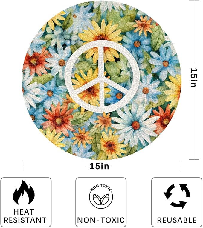Round Placemats Set of 4, Peace Sign Daisy Sunflowers Woven Placemats Mats Non-Slip Heat Resistant Washable Table Mats Round Braided Place for Farmhouse Kitchen Dining Party Decor 15in