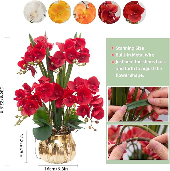 CXGS Artificial Orchid Flower Real Touch Faux Orchids in Ceramic Vase Large 22.9'' Fake Flowers Red Phalaenopsis Floral for Home Indoor Decor