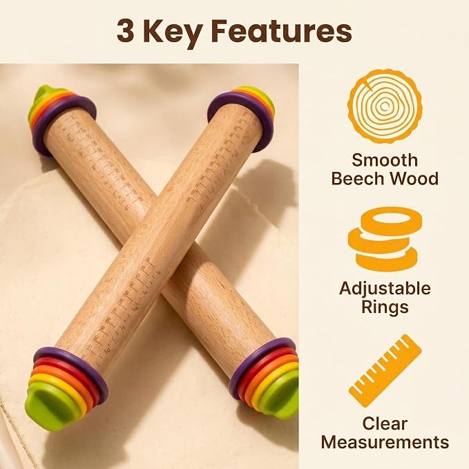 Adjustable Rolling Pin with Thickness Rings, 13.78" Dough Roller with 4 Multicolored Rings,Wooden Rolling Pins for Baking, Bread, Pizza Doughs, Pie Crusts-Home Baking Gift