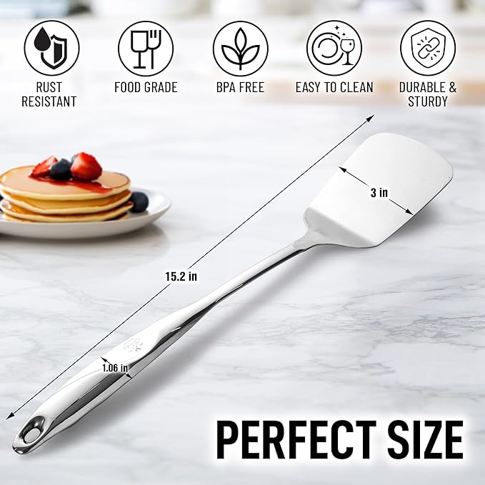 Zulay Kitchen Stainless Steel Solid Spatula - 15” Large Metal Turner for Cooking, Frying & Grilling - Durable, Heat-Resistant & Dishwasher Safe Kitchen Utensil for Everyday Use