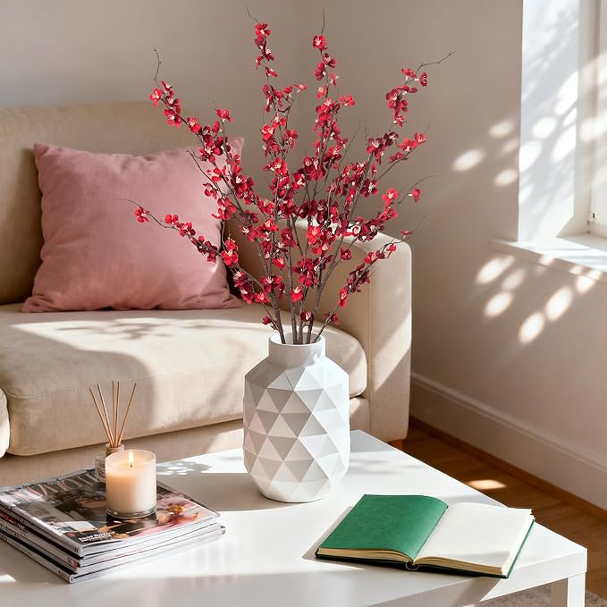 Ammyoo 4Pcs Cherry Blossom Branches Artificial Flowers for Spring Summer Indoor Decoration,Faux Long Stem Artificial Flowers for Wedding Home Office Bedroom Party Table Centerpieces Decor(Red)