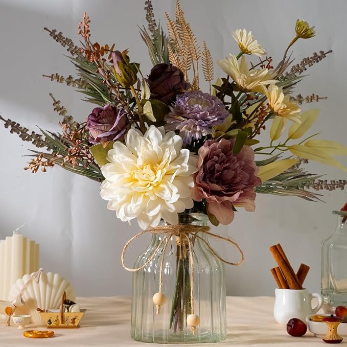 LESING Dahlia Flower Aritificial Flower with Vase Fake Silk Flowers in Glass Vase Faux Rose Flowers Arrangement for Home Office Table Centerpiece Decoration (Purple)