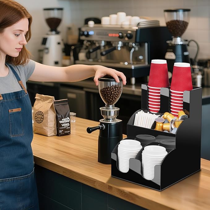 MYITYARD Coffee Station Organizer, 3-Tier Coffee Bar Accessories for Countertop, Acrylic Condiment and Cup Storage Organizer, 6 Compartments, Cup and Lid Holder for Pods, Syrup, Stirrer