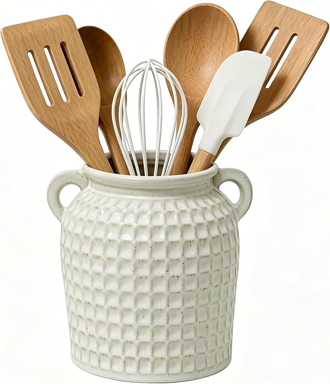 Rustic Kitchen Utensil Holder ,6.7" Modern Farmhouse Double Ear Ceramic Utensil Crock for Countertop, Vintage Kitchen Counter Decor Party Supplies Spoon Spatula Organizer (white)