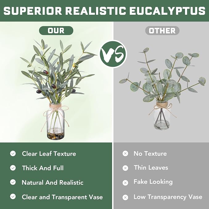 15.74” Artificial Olive Branches in Glass Vase with Faux Water & Natural Stones, Lifelike Fake Greenery for Modern Farmhouse Home Decor, Bathroom decor, Office Desk Centerpiece, Housewarming Gift