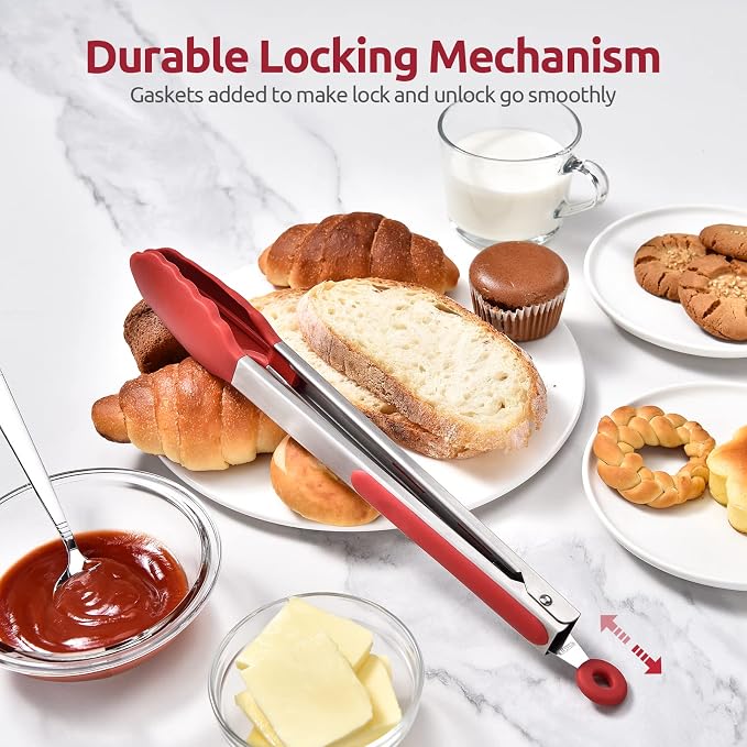 600ºF Heat Resistant Kitchen Tongs: U-Taste 12 inch Large Silicone Cooking Tong with Sturdy Non Stick Rubber Tips & Silicon Coated 18/8 Stainless Steel Handle & Smooth Locking for Serving Grill (Red)