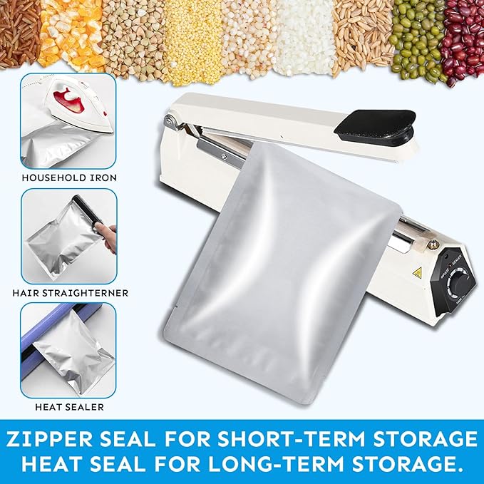 50 PCS 2 Quart Mylar Bags for Food Storage,8" x 12" Resealable Heat Seal Flat Pouches for Long Term Food Storage,Dried Food,Coffee Beans,Tea,Grains,BPA Free(No Zipper,Flat Bottom)
