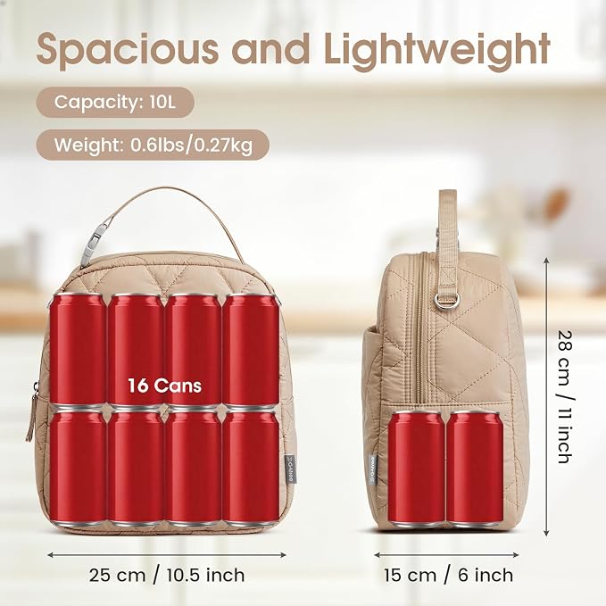 G4Free Large Insulated Lunch Bag, Leakproof Quilted Lunch Box Women Men, Reusable Puffer Lunch Bag For Work Picnic Travel, Khaki
