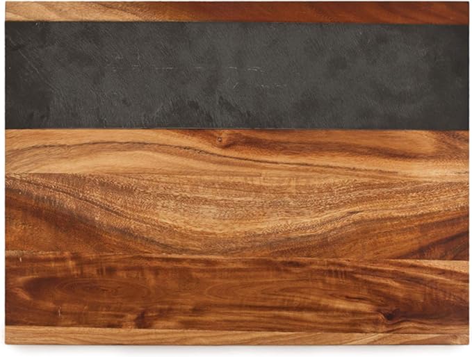Twine Rustic Farmhouse Wood with Slate Cheese Board and Chalk Set, Acacia Wood and Natural Slate Cutting Board, Soapstone Chalk, 15" by 11", Gourmet Gift Set