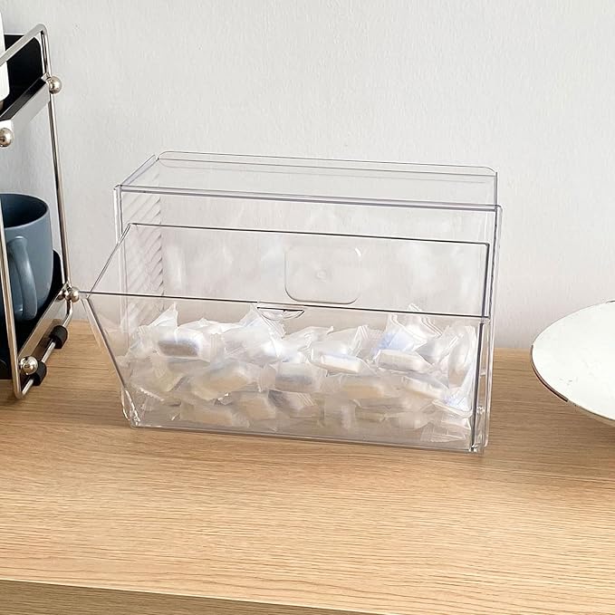 Clear Dishwasher Detergent Pod Holder for Kitchen Cabinet, Plastic Under Sink Storage and Organizer for Lid, Sponge, Coffee Pods, Large Laundry Pods Dispenser Box with Divider