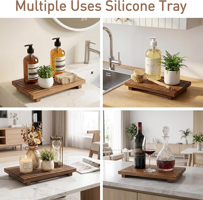 Acacia Wood Pedestal Stand for Bathroom Tray Organizer Kitchen Counter Decor Sink Candle Holder Decorative Wooden Display Risers for Kitchen Soap Tray Large Vanity Bathroom Counter Sink Trays