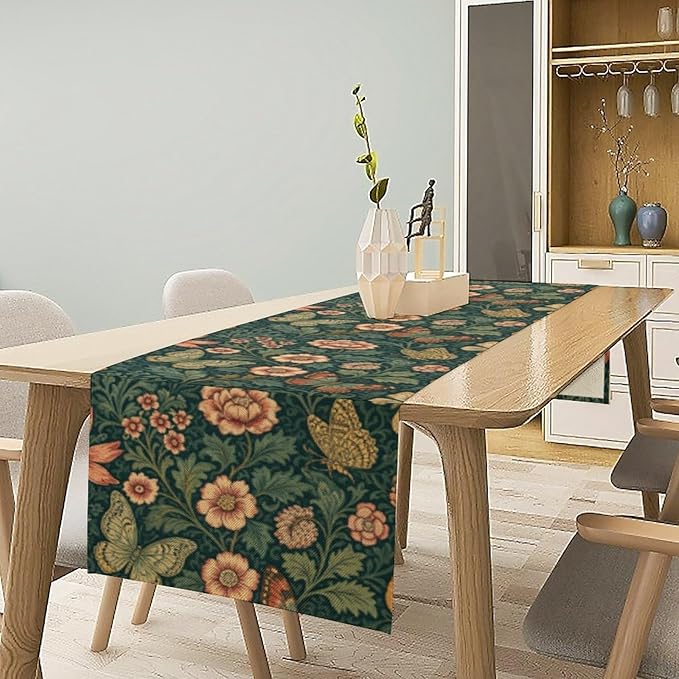 William Morris Style Table Runner,Vintage Floral Botanical Butterfly Rustic Farmhouse Table Runner for Home Indoor Outdoor Kitchen Holiday Birthday Party Wedding Decor 13x60 Inch