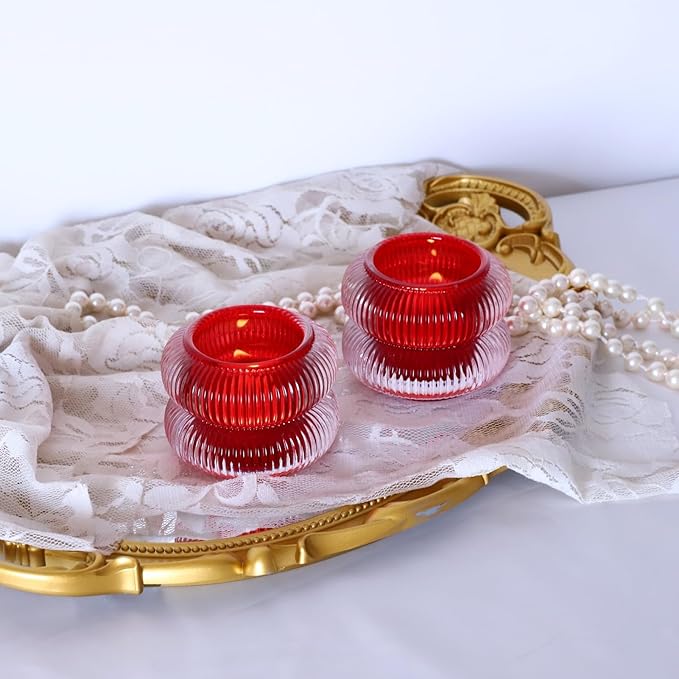 Woho Ribbed Glass Votive Candle Holders Set of 6, Red Tealight Candle Holder for Wedding Table Decor, Vintage Tea Lights Candle Holder for Christmas/Valentines Day Decorations (Red, 2.1" H X 2.75" D)
