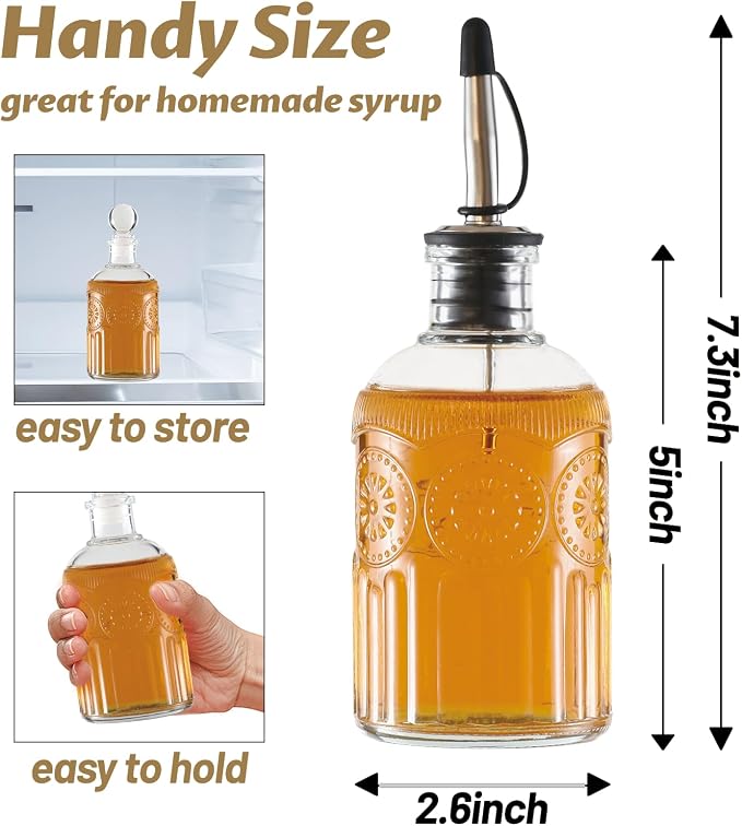 Retro Glass Syrup Dispenser Bottle 7oz, Oil and Vinegar Cruet with Stainless Steel Pour Spout, Labels, Funnel & Stopper(Sunflower)