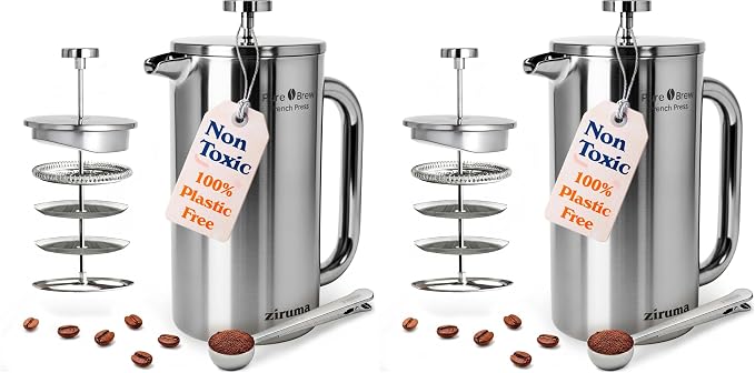 Ziruma Non-Toxic Stainless Steel French Press, No Plastic or Heavy Metals, 34 oz (Pack of 2)