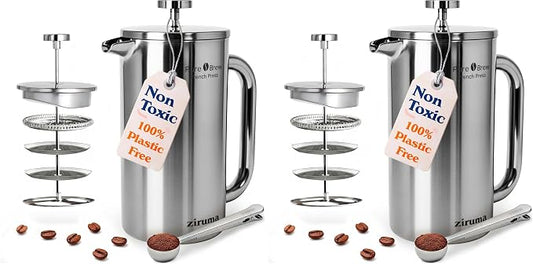 Ziruma Non-Toxic Stainless Steel French Press, No Plastic or Heavy Metals, 34 oz (Pack of 2)