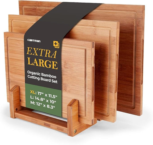 CARTMAN 3-Piece Bamboo Cutting Board Set with Dual-Purpose Holder, Non Toxic Bamboo Cutting Boards for Kitchen, Ideal for Heavy Duty Chopping and Charcuterie Display